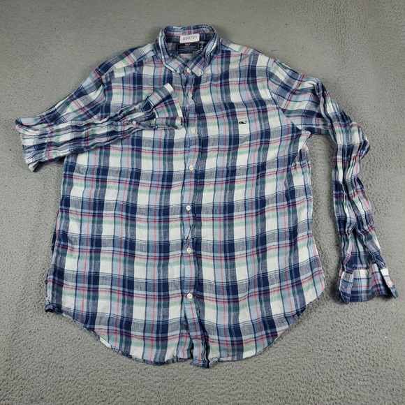 Vineyard Vines Shirt Mens XL Blue Plaid Linen Slim Fit Button Up Long Sleeve - Picture 3 of 7
